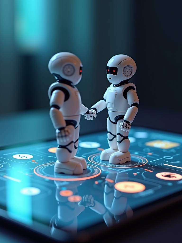 Two small, humanoid robots shake hands while standing on a futuristic digital interface.