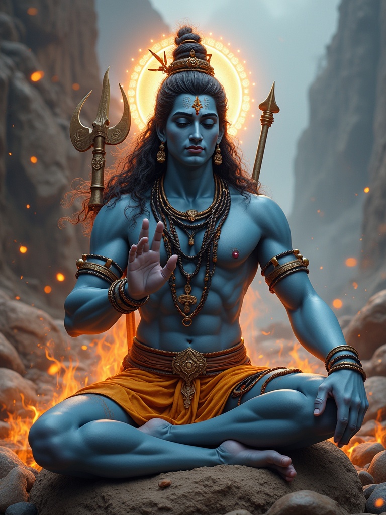 The image depicts a blue-skinned deity in a meditative pose amidst a rocky landscape. The figure is adorned with traditional jewelry and accessories. A glowing halo encircles the head, creating a divine ambiance. Flames and rocks set the dramatic scene. The focus is on spiritual energy and meditation.