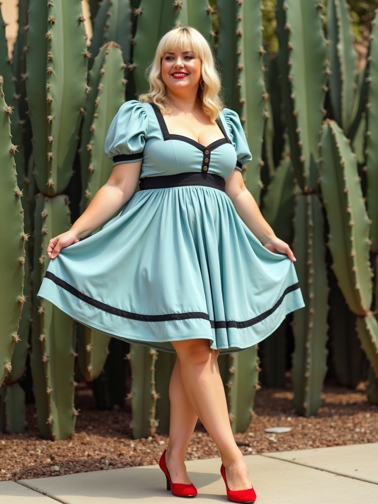 A woman stands in front of tall cacti, modeling a pastel blue dress with puffed sleeves and black accents. Her bright red high heels contrast vividly with the textured green backdrop of the cacti. The setting and her joyful expression create a vivid image that juxtaposes fashion and nature.