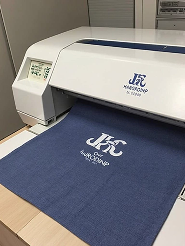 Fabric printing machine in action. Custom logo printed on fabric. Machine located in a workshop setting.