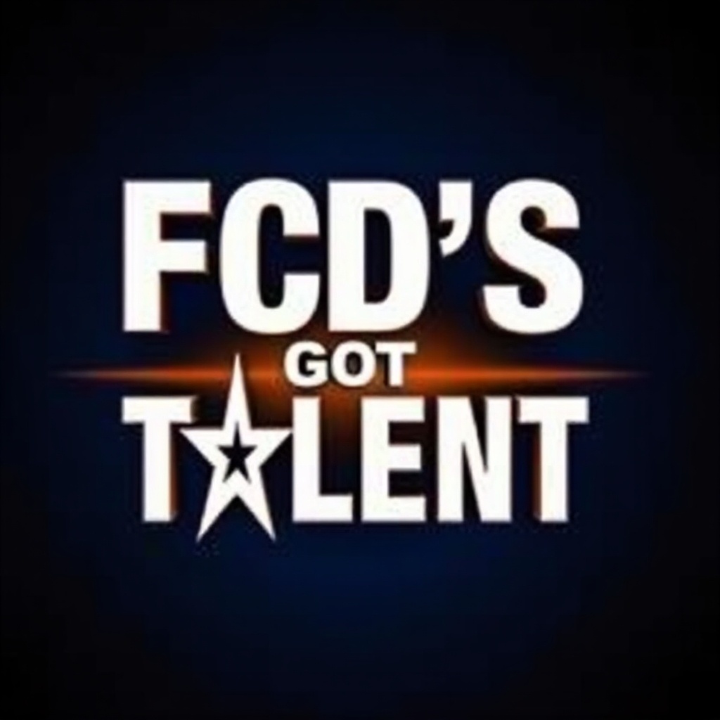 Image features bold modern typography saying FCD'S GOT TALENT. Text is prominent against dark gradient background. Graphic is suitable for talent show or entertainment event. Font style conveys professionalism. Designed to attract attention and represent lively atmosphere of talent and expression.