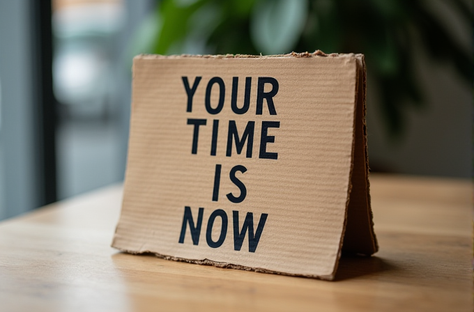 A cardboard sign on a table reads 'YOUR TIME IS NOW' in bold letters.