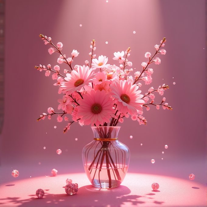 A clear vase holds vibrant pink flowers illuminated by gentle sunlight.