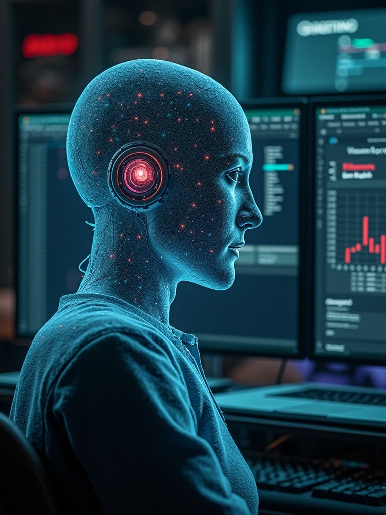 A humanoid figure represents artificial intelligence in front of computer screens. Glowing elements indicate data analysis. This figure showcases the intersection of technology and storytelling without showing a face. The setting is dimly lit with bright screen displays highlighting data graphs and metrics.