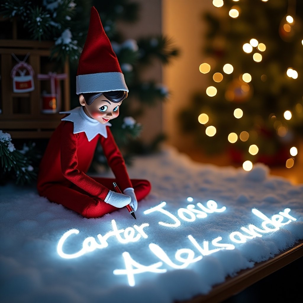 This image features a whimsical Elf on the Shelf, dressed in a red outfit, intently writing the names 'Carter', 'Josie', 'Aleksander', and 'Max' in the snow. The names are artistically illuminated in bright, cursive letters, created by the magic of soft, glowing lights. The background is decorated with festive holiday cheer, including a Christmas tree adorned with ornaments. The setting evokes a warm, enchanting atmosphere representative of the holiday spirit. It's a delightful scene that captures the joy of Christmas as seen through a child's eyes.