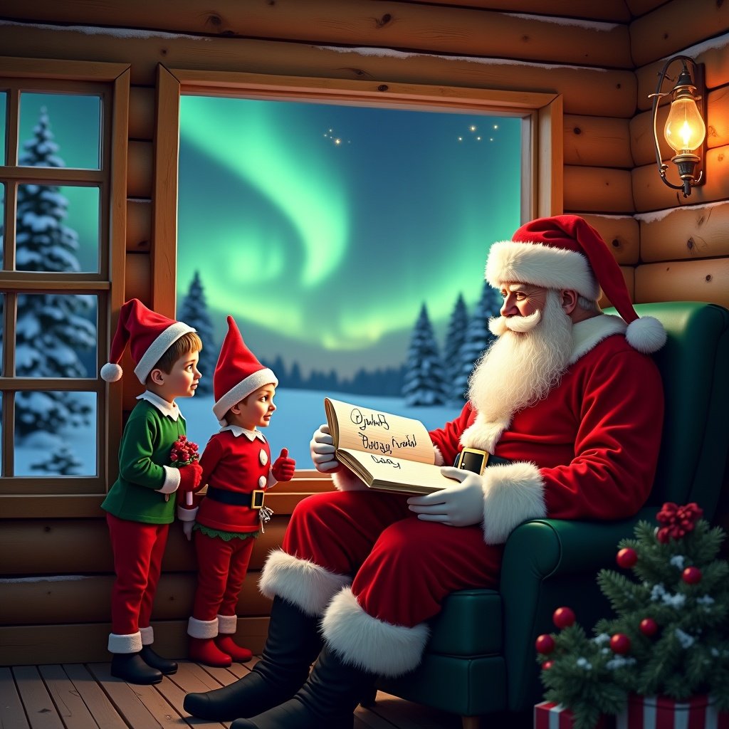 Cozy cabin scene with Santa Claus and cheerful elves. Santa wears a classic red outfit. The northern lights are visible through the window. Santa holds a notebook with children's names listed. Decorations create a festive atmosphere. The scene embodies holiday joy and giving spirit.