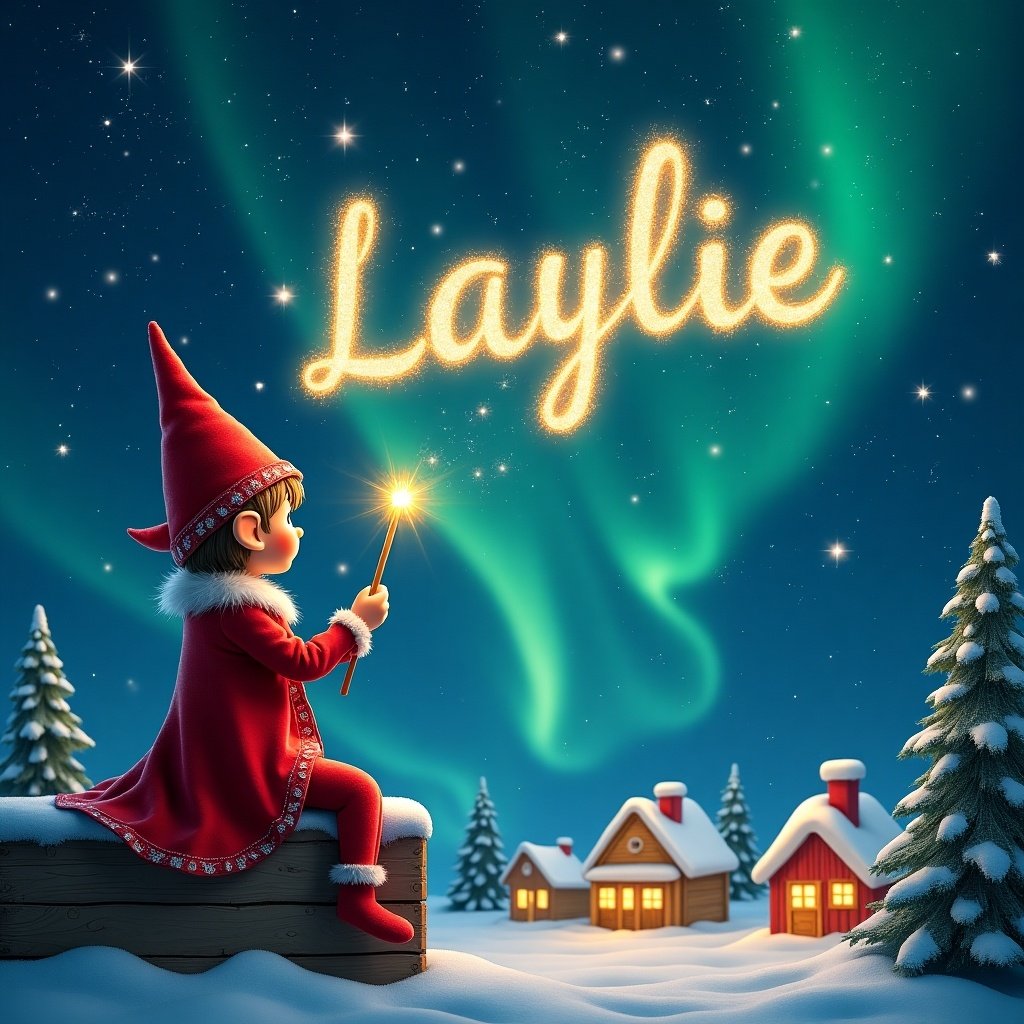 An elf writes the name Layla in sparkling letters against a starry night sky. Elf sits on a wooden ledge gazing at the magical sky. Dressed in vibrant red outfit and pointed hat. Holding a glowing wand. Writing 'Millie' in shimmering letters. Below, charming snowy landscape with little houses and evergreen trees. Enchanted Northern Lights illuminate the scene. Elf adds names 'Natasha' and 'Melissa'. Rich atmosphere of childhood magic and Christmas spirit.