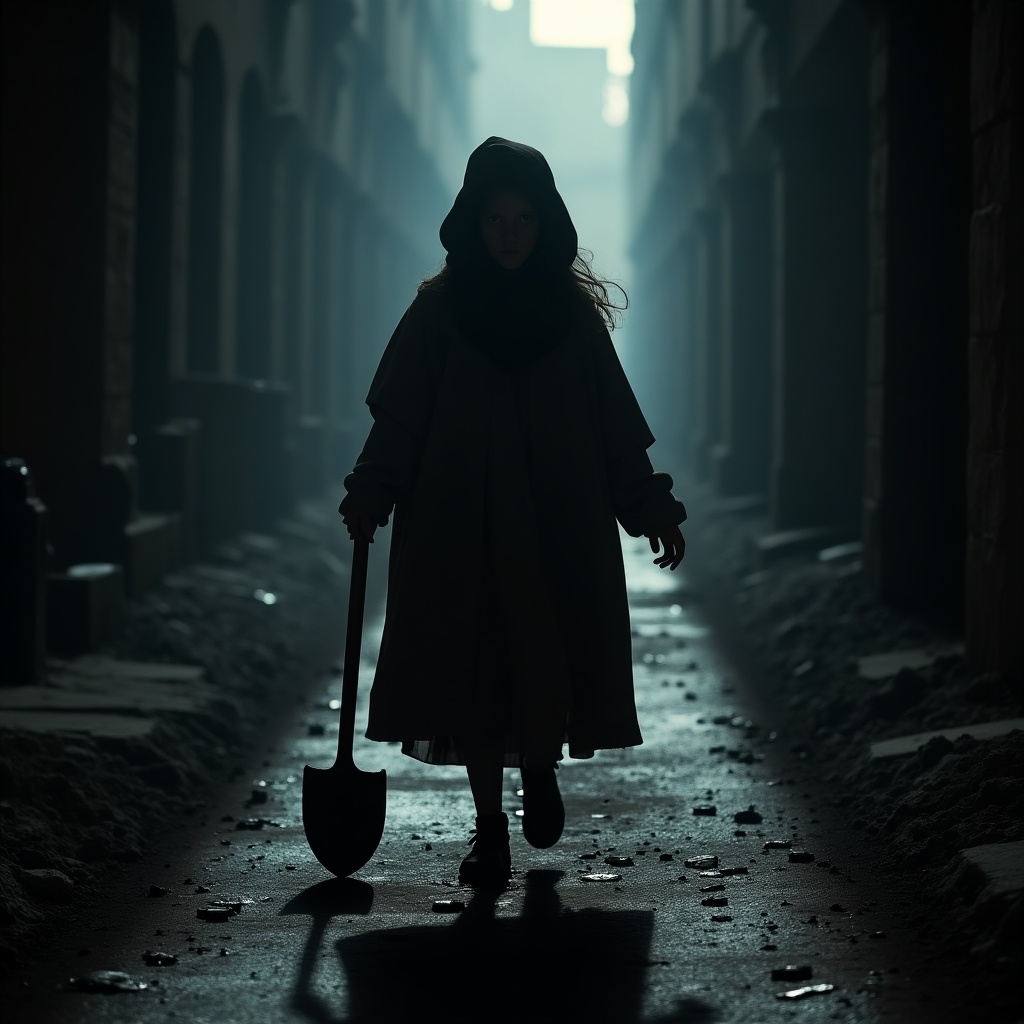 A shadowy figure, a girl in a hooded cloak, walks along a dimly lit road at night. She carries a shovel and moves confidently through an ancient Roman street. The scene is filled with piles of dirt around her, enhancing the eerie atmosphere. The lighting creates a strong contrast, highlighting her silhouette against the darkness. This haunting image evokes a sense of mystery and foreboding, perfectly capturing the essence of a dark tale.