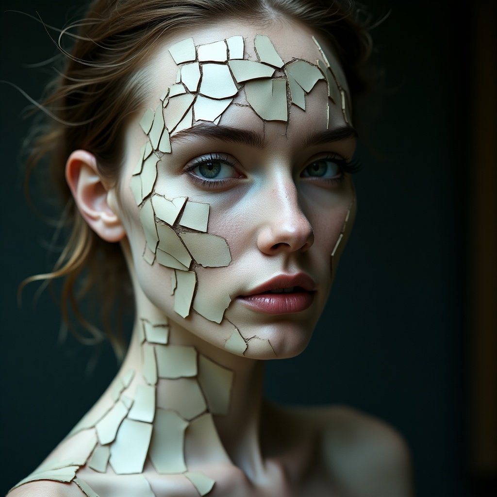 Image features a woman's shoulder with cracks and fragments all over her skin. Mood of the photo is surreal and thought-provoking. Soft colors enhance the artistic effect. It explores themes of fragmentation and beauty.