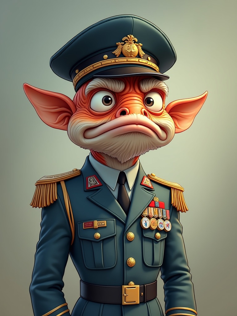 Full body cartoon image of a fish character dressed in military uniform. Character has military hat and multiple medals adorning the uniform. Features a serious demeanor and an animated style.