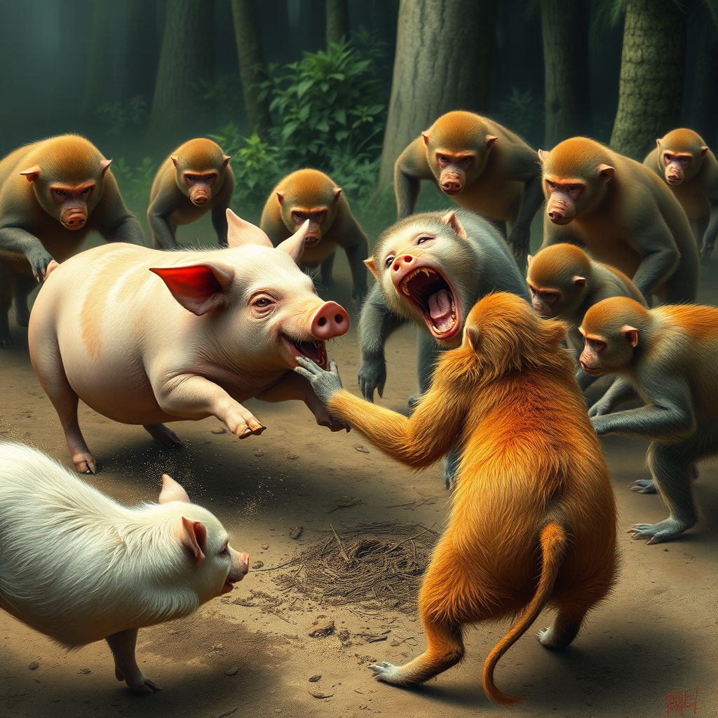 In the forest, a group of monkeys confronts a pig and its piglets.