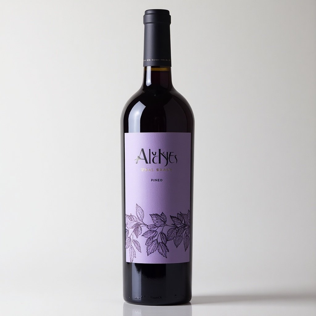 Modern wine label on a bottle. Text displays name 'Aby' by Broner. Light purple color accentuates the design. Features vineyard and grape imagery. Eco-themed design. Represents impressive vintage of 2016.