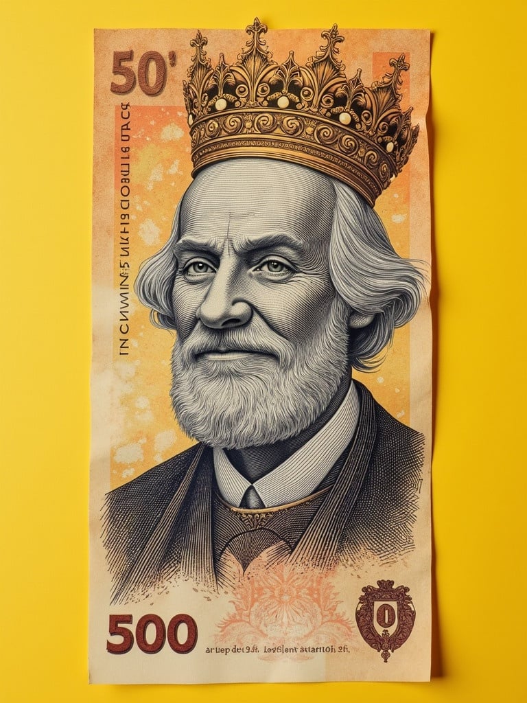 A 500-unit banknote featuring a detailed portrait of an elderly man topped with an ornate golden crown against a solid yellow background.