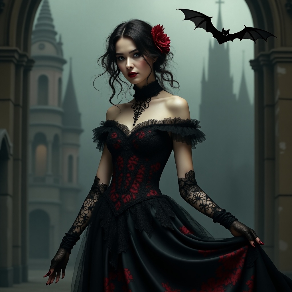 The image depicts a striking woman dressed in a gothic style gown. Her dress is predominantly black with intricate lace details and splashes of red. She wears black lace gloves and her hair is styled in soft dark curls, adorned with a red flower. In the background, there's a faint depiction of gothic architecture. A bat is flying near her. The overall color palette is dark and moody.