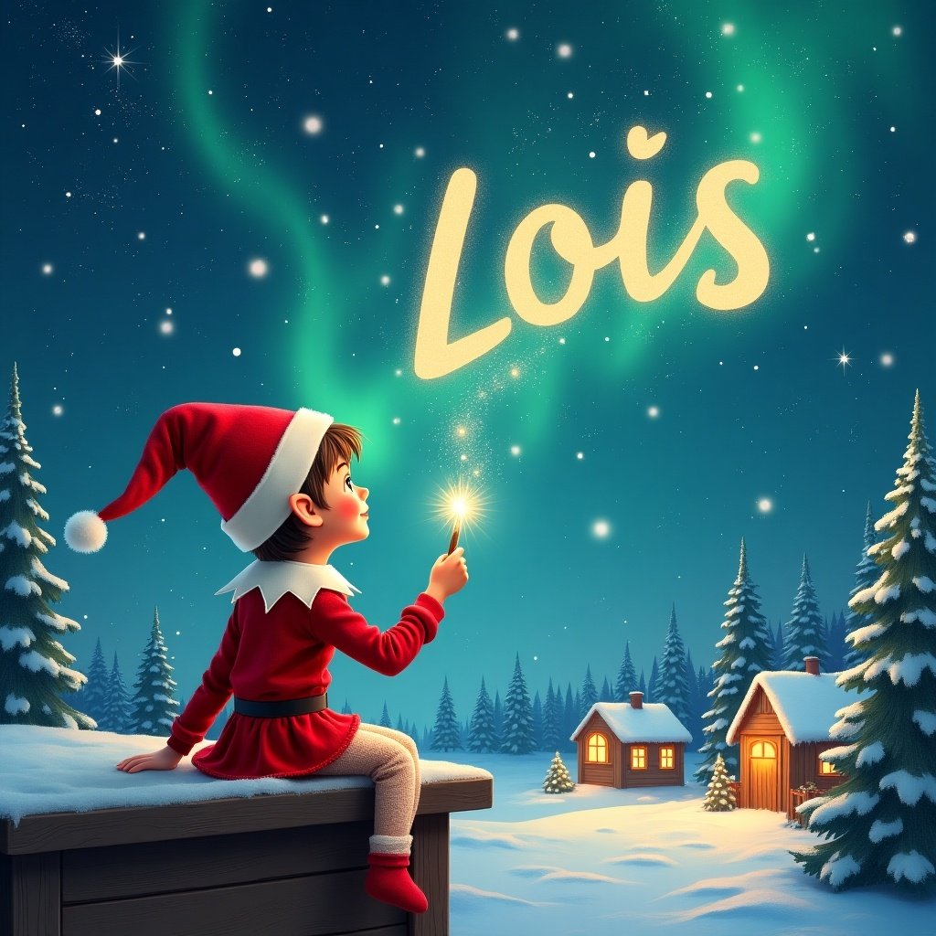 Elf sits on ledge gazing at magical sky. Dressed in red outfit and pointed hat. Holds sparkling wand writing 'Lois' in sky. Scene includes snowy landscape, charming houses, evergreen trees under Northern Lights. Captures essence of childhood magic and Christmas cheer. Elf also adds names 'Emily' and 'Ollie' in sky.