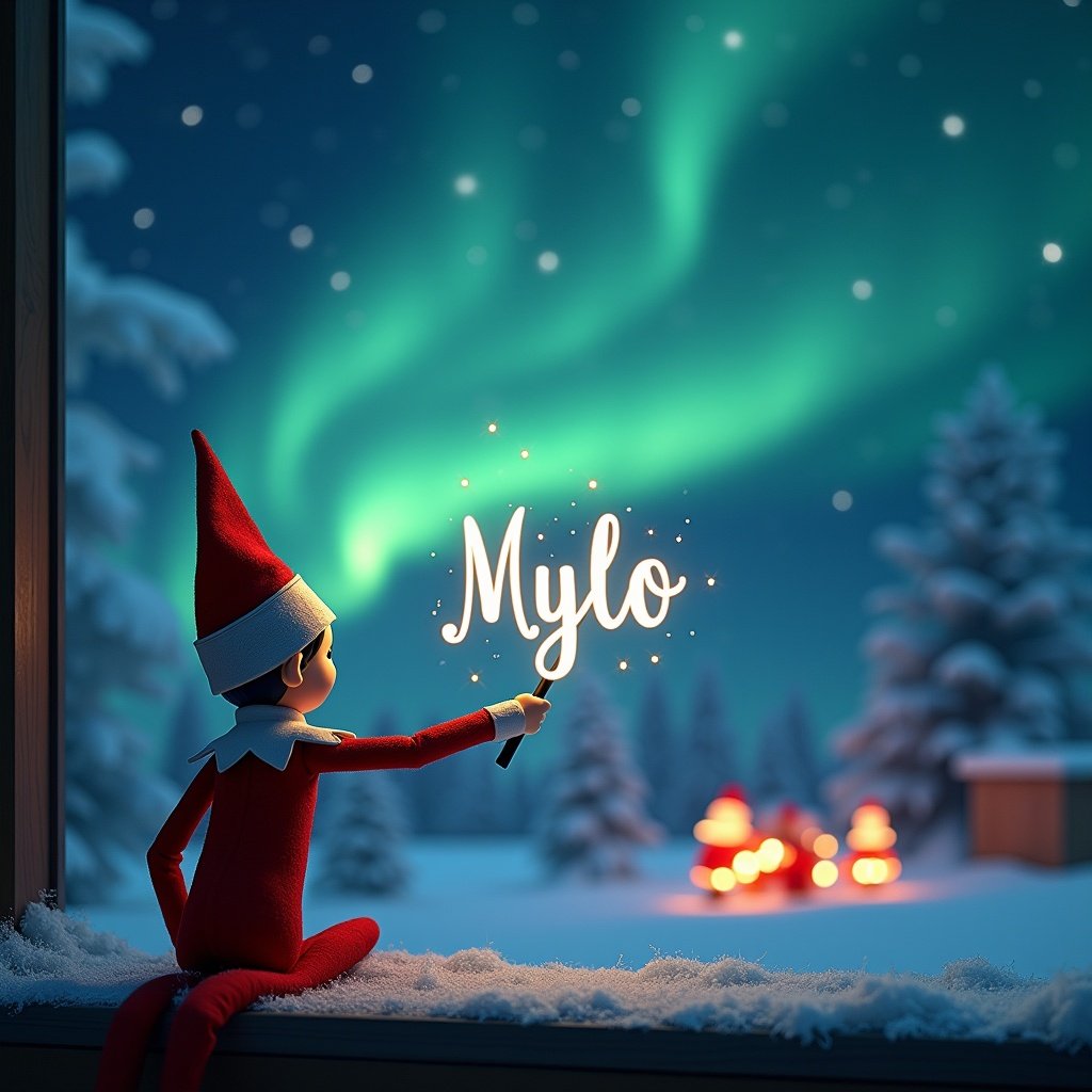 Elf on the shelf sitting and facing a luminous night sky filled with northern lights. In his hand, a magic wand elegantly writing 'Mylo'. Background shows snowy trees and faint outlines of Santa. Captures a magical Christmas moment.