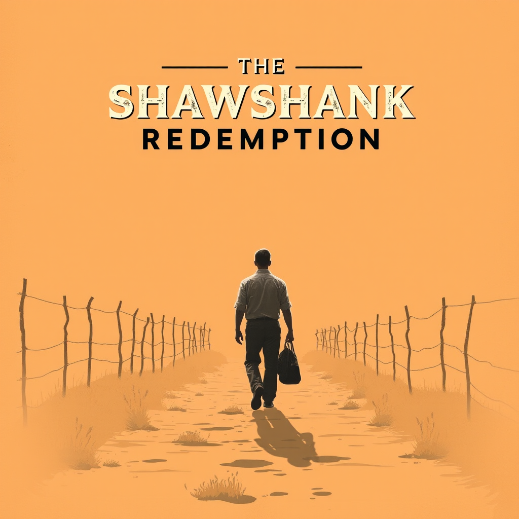 A man walks down a rural dirt path with a suitcase, framed by wire fences, under a vast orange sky with "The Shawshank Redemption" title above.