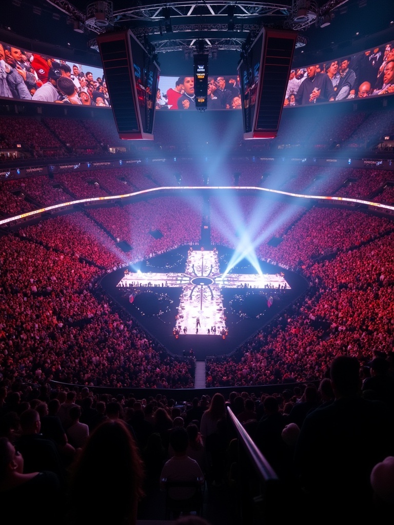 Travis Scott performing at Madison Square Garden concert. View shows a circular stage with a T-shaped setup. Large audience enjoying a vibrant light show in a packed arena.