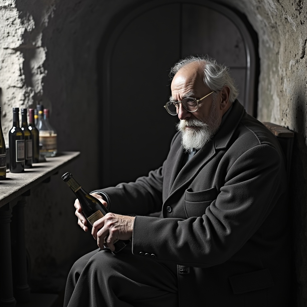 an elderly man with a beard and glasses examining a wine bottle in a dimly lit cellar, surrounded by other bottles, wearing a dark coat