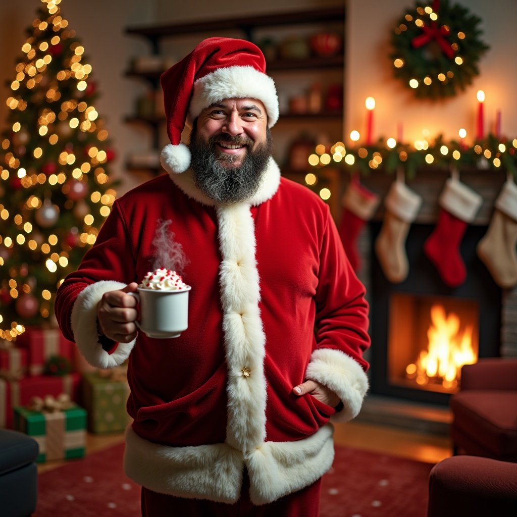 Christmas scene with a person in Santa suit holding hot chocolate. Cozy decor with lights and gifts around.