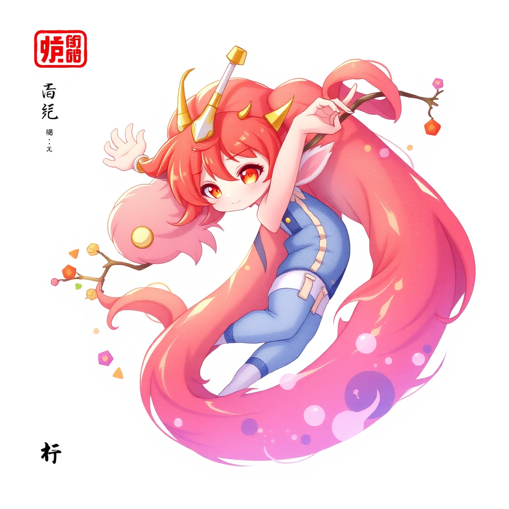 A vibrant, anime-style character with long pink hair and horns, holding a branch.