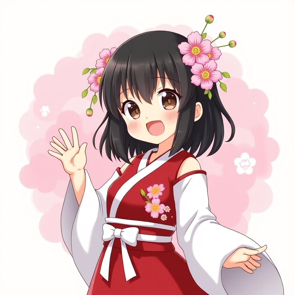 Anime-style illustration of a cheerful young girl with dark hair, cherry blossom accessories, traditional red and white outfit, waving energetically, soft pastel colors in the background