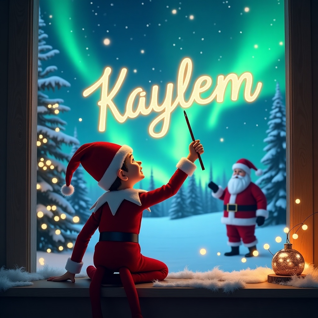 The image features an elf on the shelf with his back to the viewer, immersed in a magical Christmas scene. He is using a wand to write the name Kaylem in the sky. The background is enchanting, showcasing vibrant northern lights that illuminate the snowy landscape. Nearby, Santa Claus can be seen, adding to the holiday charm. The overall atmosphere is filled with joy and excitement, capturing the essence of Christmas magic.