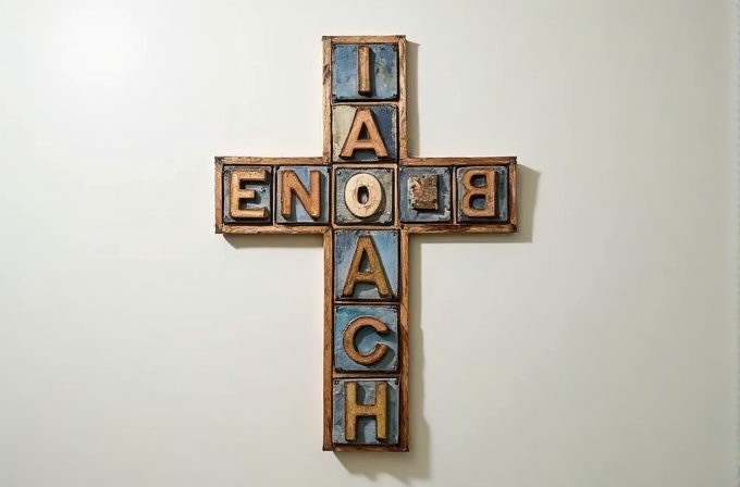 A cross-shaped artwork with letters arranged in a visually intriguing pattern.