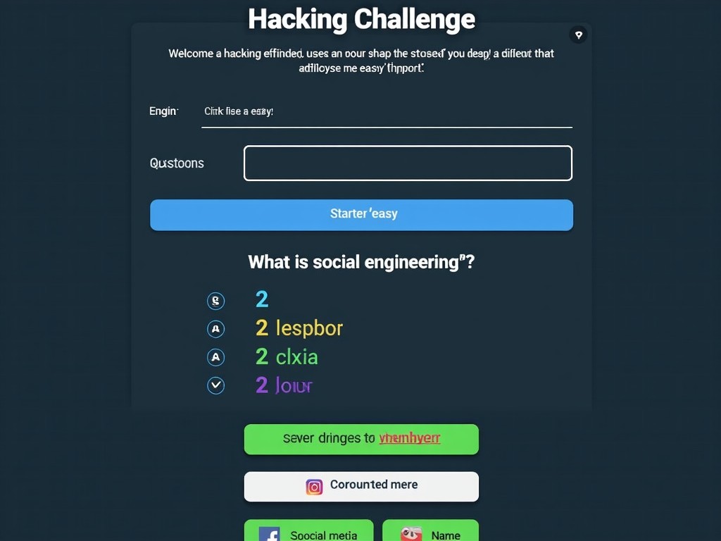 The image displays a webpage titled 'Hacking Challenge'. It features a welcome message and a login section where a user's name is entered. The user can select a difficulty level labeled 'easy' before starting the game. A quiz question follows, asking 'What is social engineering?' with four multiple-choice options listed. The correct answer is indicated to start with the number 2. Additionally, there are buttons for hints, ending the game, and links to social media and a website.