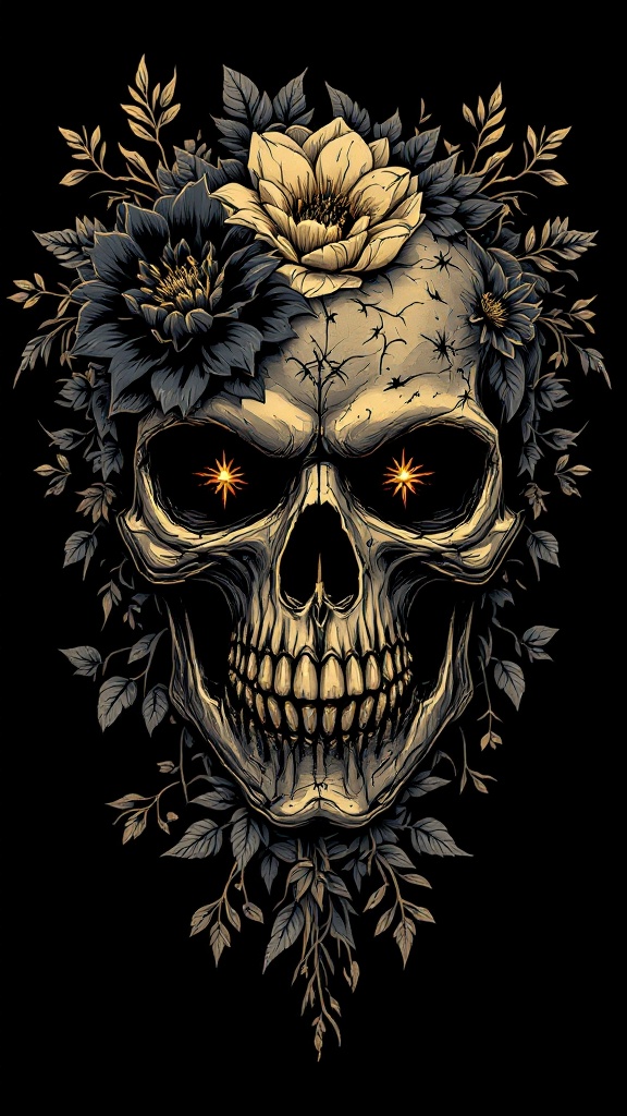 Gothic-inspired vector illustration features an angry skull complemented by floral motifs. The skull is decorated with dark flowers and leaves. Golden metallic gradient contrasts with dark grey elements on a solid black background. Intended for t-shirt print.