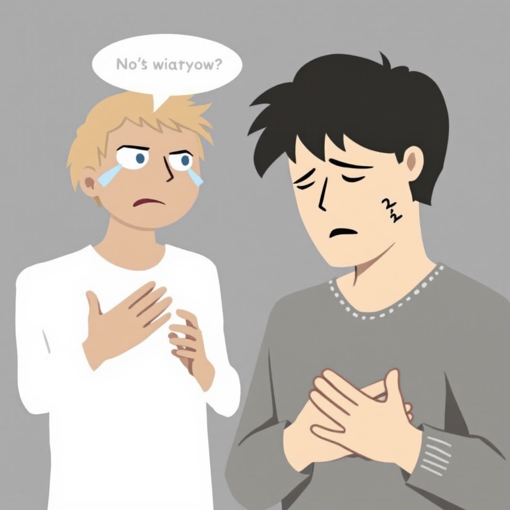 Two individuals expressing emotions with hands over their hearts in a soft lighting. Illustrative background in gray. Emotional gestures are central to the scene.