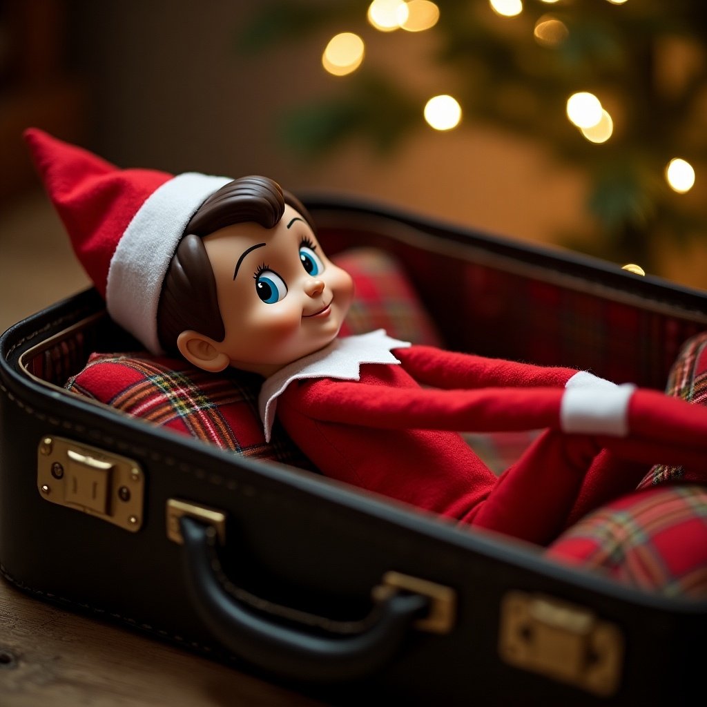 Image of an elf doll resting in a suitcase with warm lights blurred in the background. The elf has a cheerful expression. The suitcase has a plaid design and cushions.