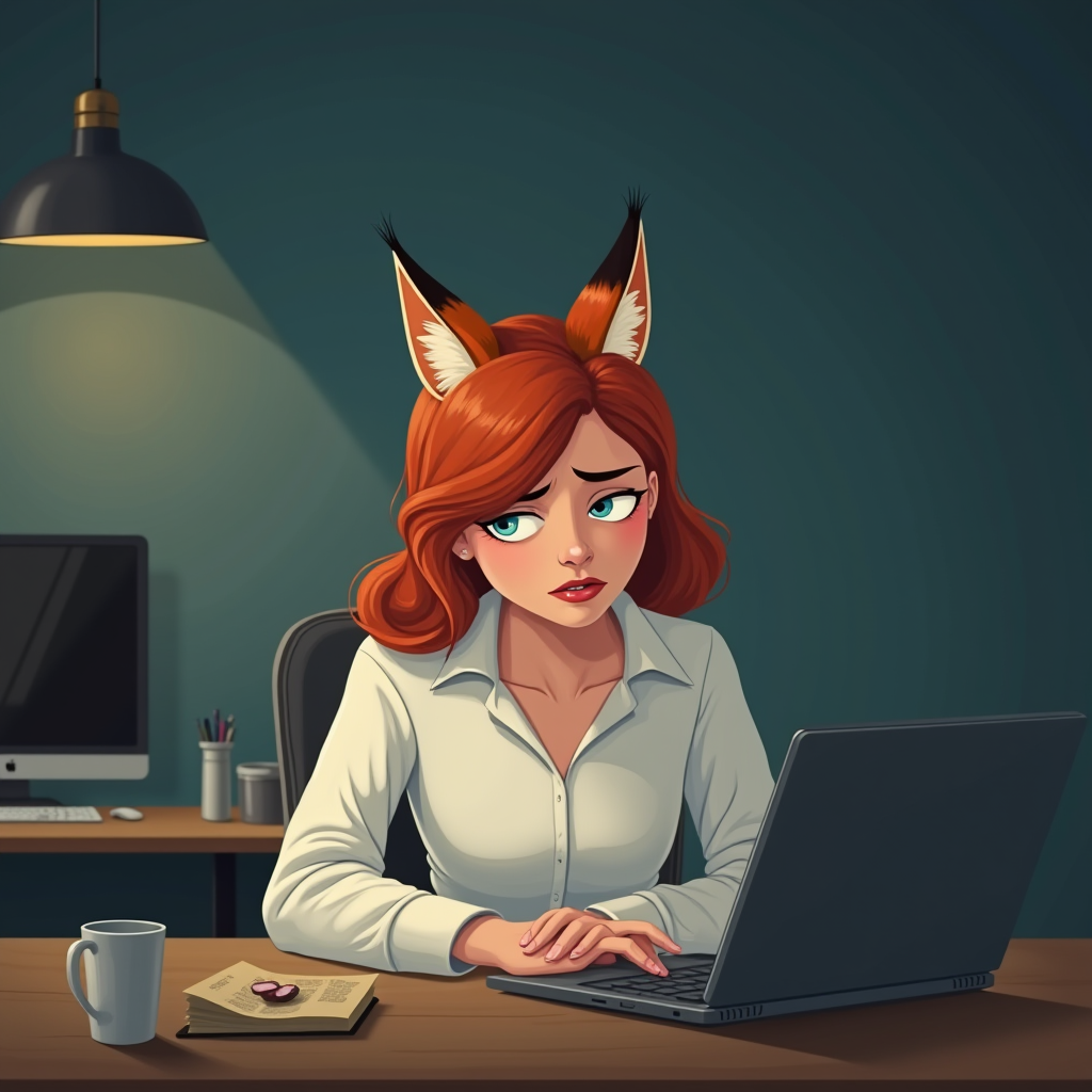 A cartoon woman with fox ears sits at a desk working on a laptop.