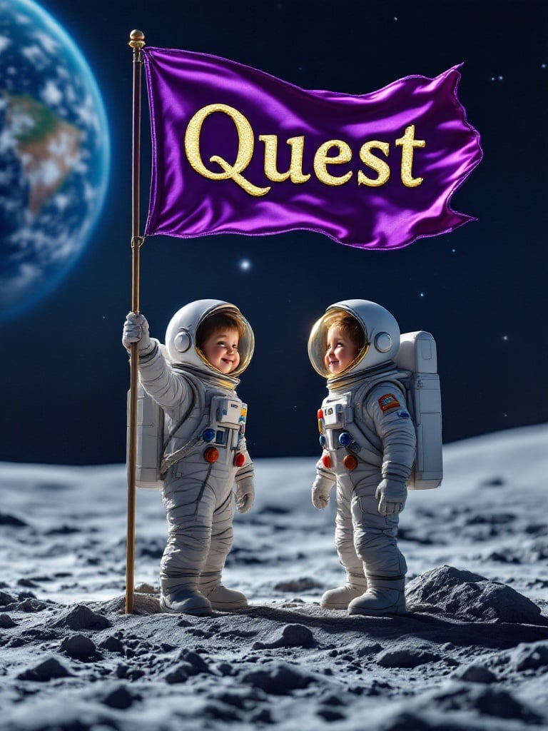 Inspiring scene on the moon with two young astronauts standing in bulky space suits. The boy and girl exhibit happiness and pride. A flag with the word Quest flutters behind them. Lunar landscape featuring craters and dust is visible. Earth hangs in the background against a starry universe. Captures childhood imagination and spirit of exploration.