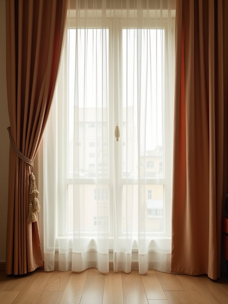 A soft brown curtain hanging elegantly in a room. The curtain has light and airy sheers underneath. A large window is framed by the curtain. The scene evokes a warm and inviting atmosphere.