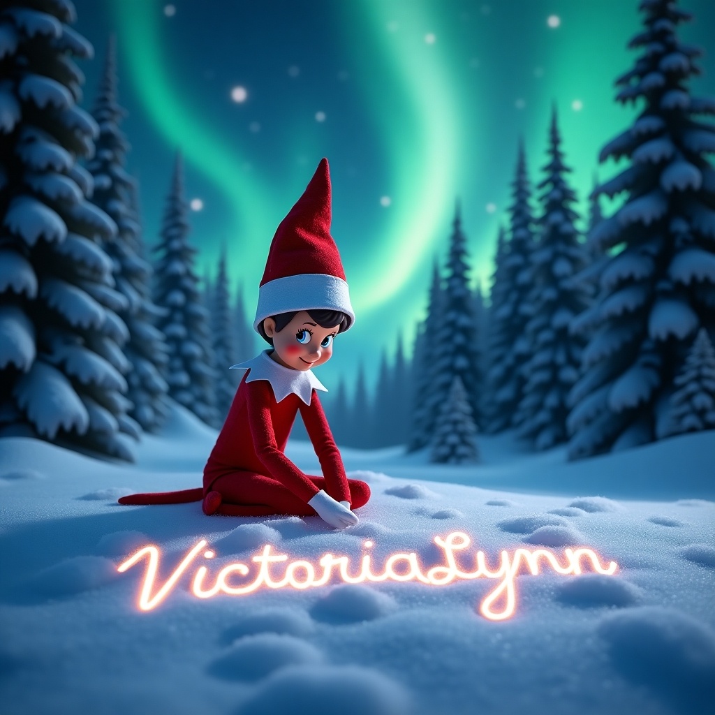 An animated elf from the Elf on the Shelf tradition sits in the snow, wearing a red outfit. The elf writes the name 'VictoriaLynn' in the snow. The name appears magical and illuminated. A serene night sky features vibrant northern lights, creating a whimsical atmosphere. Snow-covered pine trees enhance the scene's charm and holiday spirit.