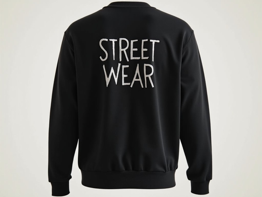 This image showcases a stylish black jumper designed for streetwear enthusiasts. The focal point is the bold text 'STREET WEAR' prominently displayed on the back. The jumper features a clean and modern design ideal for casual outings. The soft, black fabric gives it a trendy look, perfect for urban environments. This garment is suitable for fashion-forward individuals looking to express their style through casual wear.