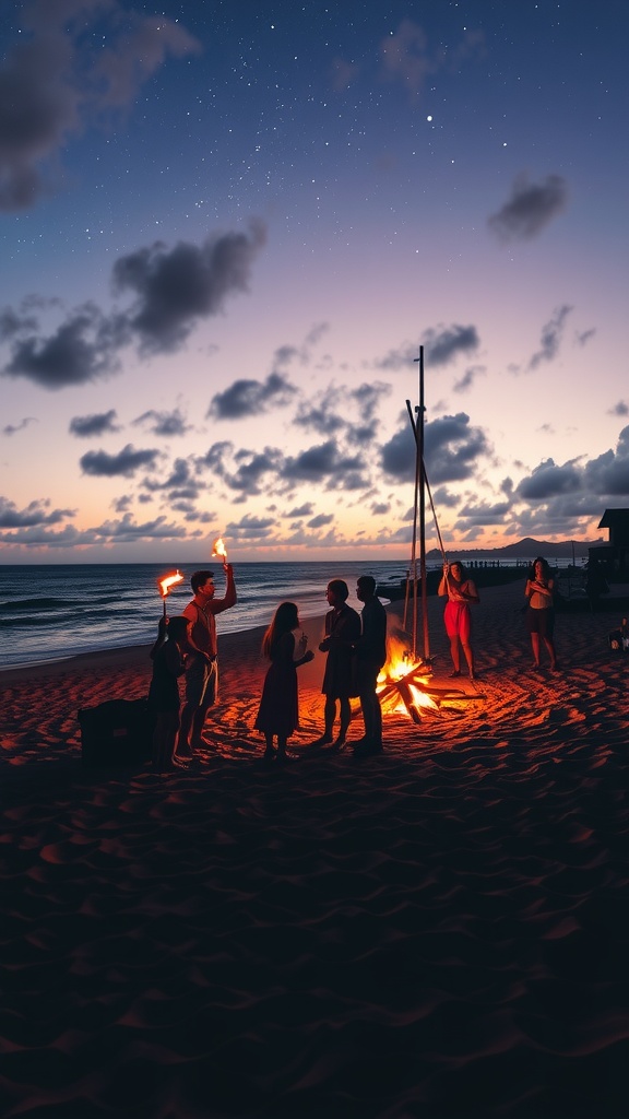 A group of people gather around a vibrant bonfire by the ocean under a star-filled sky. The image captures the silhouettes of the group against the warm glow of the fire, contrasted with the deep blues and purples of the twilight sky. The scene evokes a sense of companionship and adventure, set amidst the natural beauty of the beach and stars.