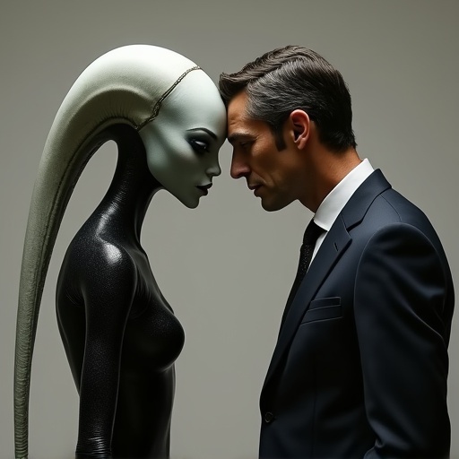 Sleek alien woman stands beneath male politician. Alien touches man's head. Close-up profile view with soft lighting.
