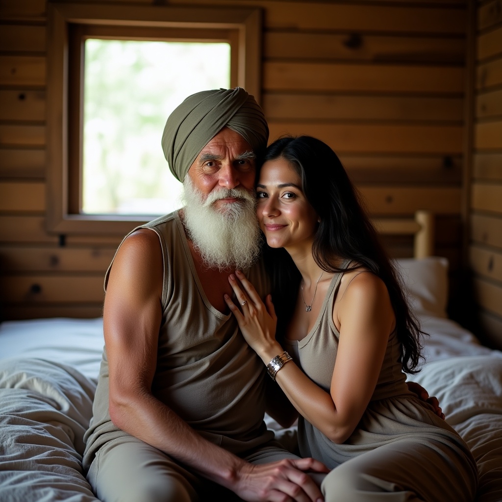 The image depicts an elderly man with a white beard and a turban, exuding wisdom and serenity. He is comfortably seated beside a younger woman who has long dark hair. Together, they sit closely on a bed within a wooden room, embodying warmth and affection. The woman rests her hand on the man’s chest, showcasing a strong bond. Soft natural light filters in through a window, enhancing the cozy ambiance of the space. The wooden walls and simple decor contribute to a traditional feel, evoking familiarity and comfort.