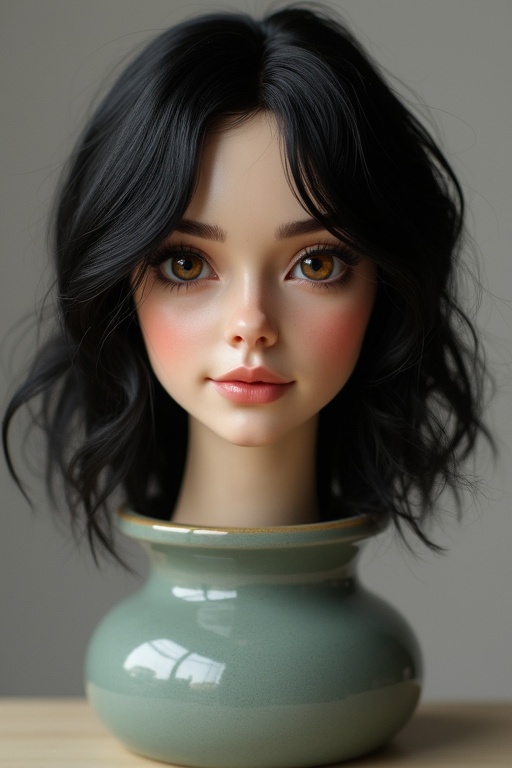 Realistic female head placed in a vase. The hair is black. The vase is green.