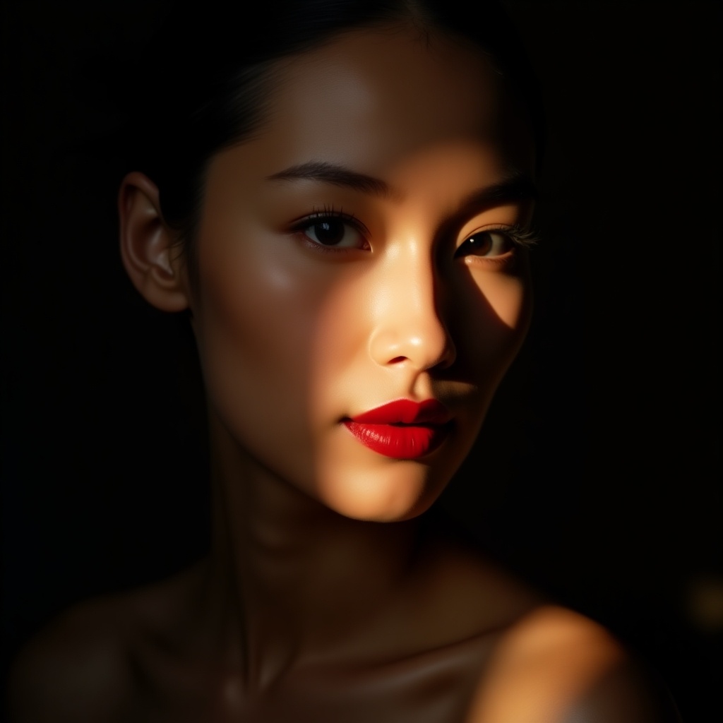 A mesmerizing portrait of a woman of Asian descent bathed in soft light and shadow. Her flawless skin glows softly as warm sunlight streams across her face, highlighting the contours of her features. Rich red lips contrast beautifully with her natural complexion. The background is deep black, enhancing the dramatism of the scene. Capture the elegance and serene beauty, focusing on the interplay of light and skin tone.