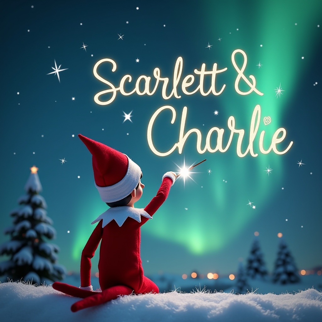 This image features an Elf on the Shelf with its back to the viewer, elegantly facing a beautiful night sky filled with vibrant Northern Lights. The elf is using a sparkling magic wand to write 'Scarlett & Charlie' in the sky. In the background, there are festive Christmas trees dusted with snow, adding to the magical ambiance. The overall scene is whimsical and captures the essence of Christmas cheer. The lights and colors create a warm, enchanting atmosphere perfect for the holiday season.