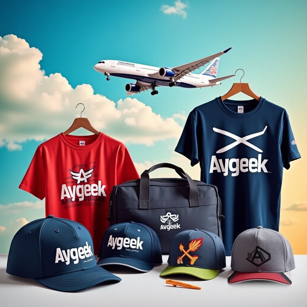 This image features a collection of Avgeek accessories, showcasing a variety of merchandise that appeals to aviation enthusiasts. Prominently displayed are colorful shirts in red and blue, along with caps in multiple styles including a trucker hat. A stylish backpack adds to the collection's appeal. In the background, an airplane flies through a vibrant, blue sky adorned with fluffy clouds. This setup not only highlights the products but also reflects the passion for aviation. Perfect for branding and marketing aimed at those who love travel and aviation culture. Enthusiasts can see themselves in this lifestyle depiction. The cohesive theme connects all accessories under the Avgeek brand.