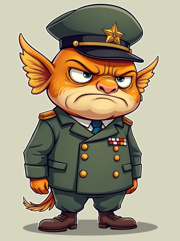 Cartoon character resembles a fish. Dressed in military uniform and hat. Character displays a grumpy demeanor.