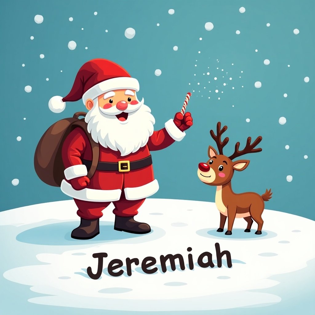 The image features a jolly Santa Claus standing in a snowy landscape. He is writing children's names in the snow, including 'Jeremiah'. Accompanied by a cheerful little reindeer who curiously observes. The scene is vibrant with a bright blue background and fluffy white snow. The overall atmosphere is festive and magical, perfect for the holiday season.