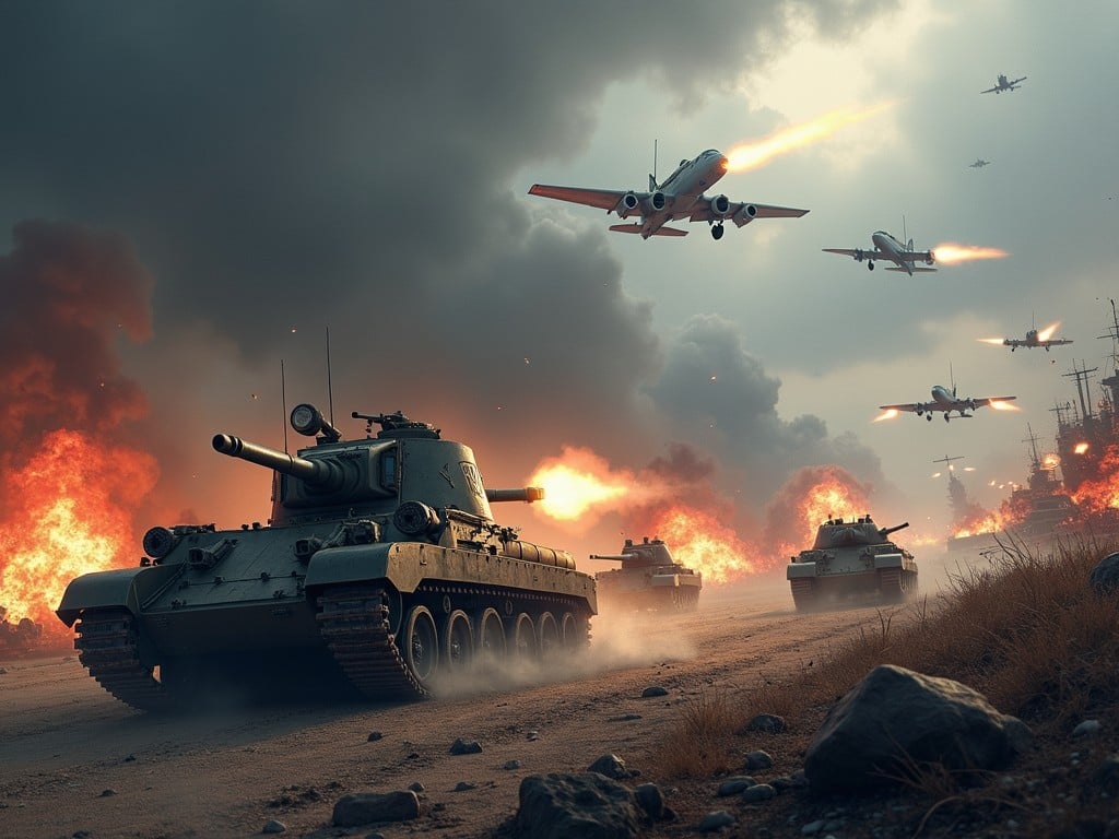 A dramatic war scene with tanks and fighter jets amidst explosions, depicted realistically with intense action and dynamic composition.