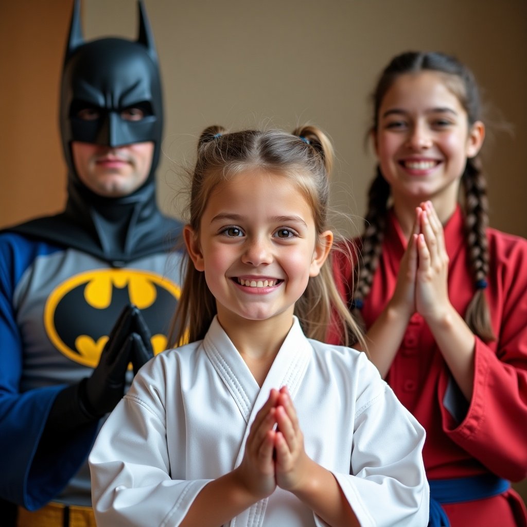 In a warm, welcoming environment, a young girl with Down syndrome beams with joy, dressed in a white karate gi. She stands confidently at the forefront, hands in a respectful prayer position. Behind her, popular superheroes like Batman and Spider-Man, along with Lara Croft, are clapping enthusiastically, celebrating her achievement. The scene radiates positivity and support, showcasing a moment of triumph and encouragement. The characters' colorful costumes add vibrancy to the image, emphasizing the playful blend of fantasy and sport. This image promotes themes of diversity and empowerment in youth athletics.