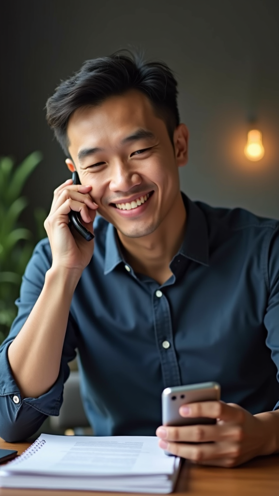 A smiling man is engaged in a phone call while holding another smartphone, seated at a desk with a notepad and a warm ambient light in the background.