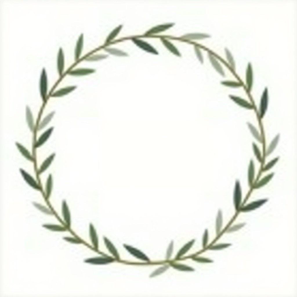 This image features a thin circular border made of olive branches. The design is delicate and elegant, with various shades of green leaves arranged in a continuous circle. The background is a soft, light color, enhancing the natural feel of the olive branches. This wreath-like design can be used for various decorative purposes. It's perfect for invitations, logos, or as a part of event decor.